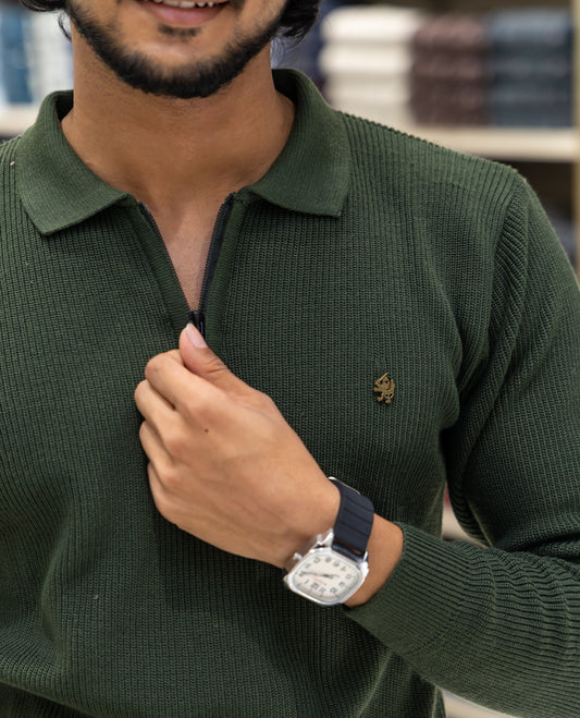 Dark Green Striped Cotton-Blended T-Shirt Comes with a Polo Neck, Full Sleeves, a Slim Fit, and Regular Length