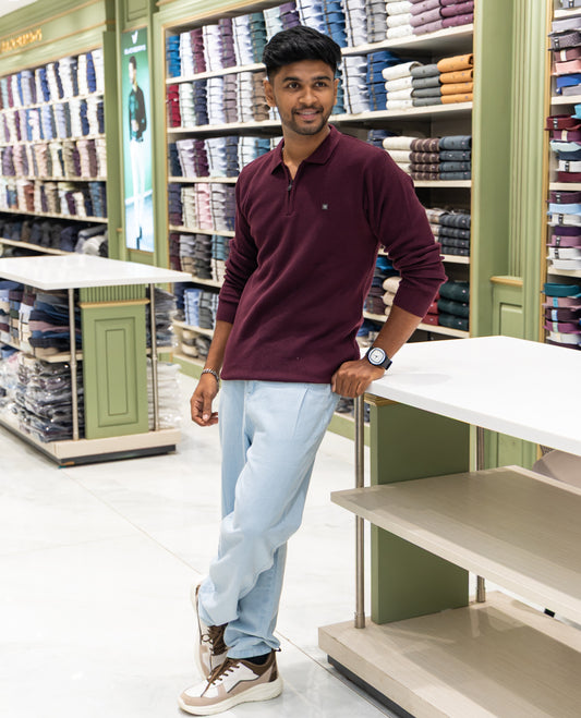 Maroon Striped Cotton-Blended T-Shirt Comes with a Polo Neck, Full Sleeves, a Slim Fit, and Regular Length