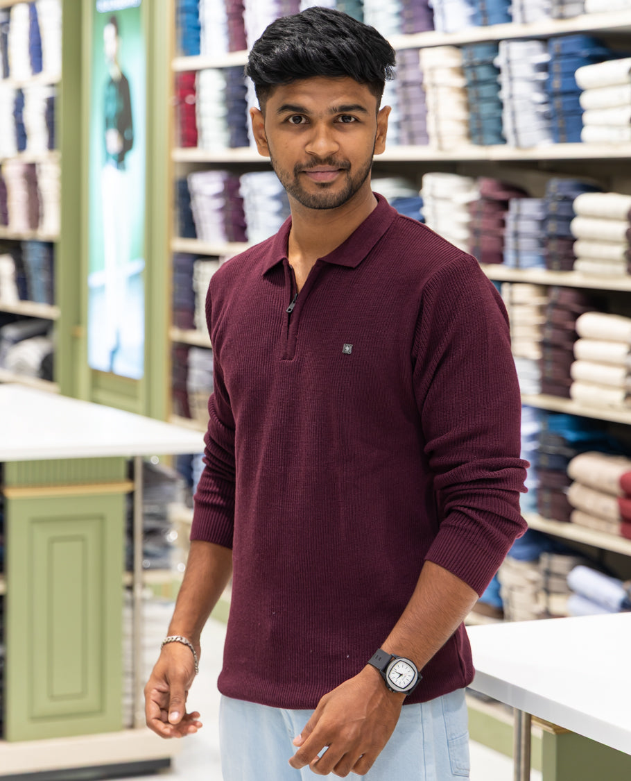 Maroon Striped Cotton-Blended T-Shirt Comes with a Polo Neck, Full Sleeves, a Slim Fit, and Regular Length