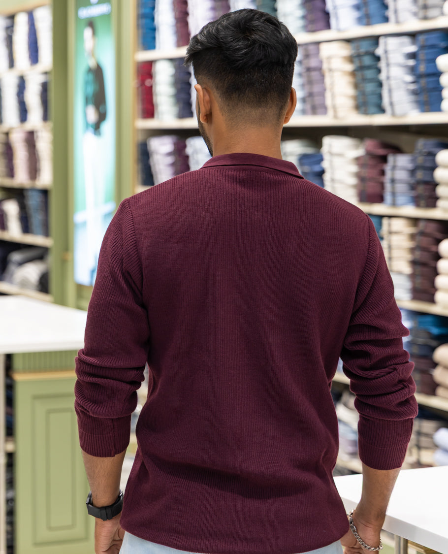 Maroon Striped Cotton-Blended T-Shirt Comes with a Polo Neck, Full Sleeves, a Slim Fit, and Regular Length