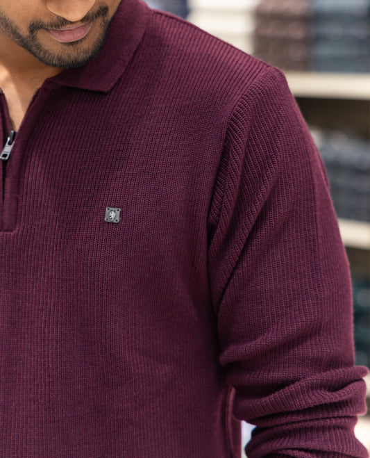 Maroon Striped Cotton-Blended T-Shirt Comes with a Polo Neck, Full Sleeves, a Slim Fit, and Regular Length