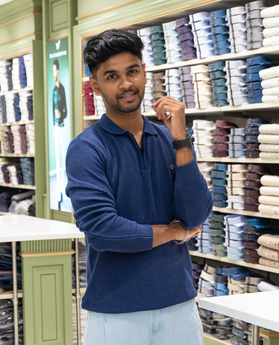 Navy Striped Cotton-Blended T-Shirt Comes with a Polo Neck, Full Sleeves, a Slim Fit, and Regular Length