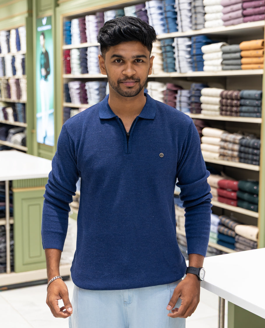 Navy Striped Cotton-Blended T-Shirt Comes with a Polo Neck, Full Sleeves, a Slim Fit, and Regular Length