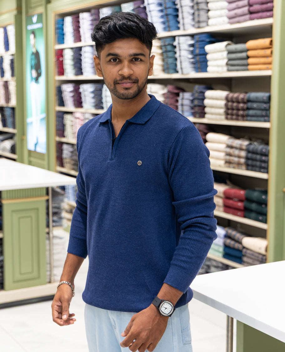 Navy Striped Cotton-Blended T-Shirt Comes with a Polo Neck, Full Sleeves, a Slim Fit, and Regular Length