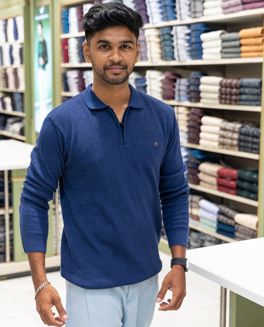 Navy Striped Cotton-Blended T-Shirt Comes with a Polo Neck, Full Sleeves, a Slim Fit, and Regular Length