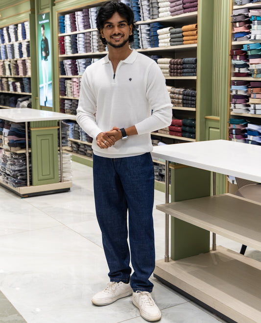 White Striped Cotton-Blended T-Shirt Comes with a Polo Neck, Full Sleeves, a Slim Fit, and Regular Length