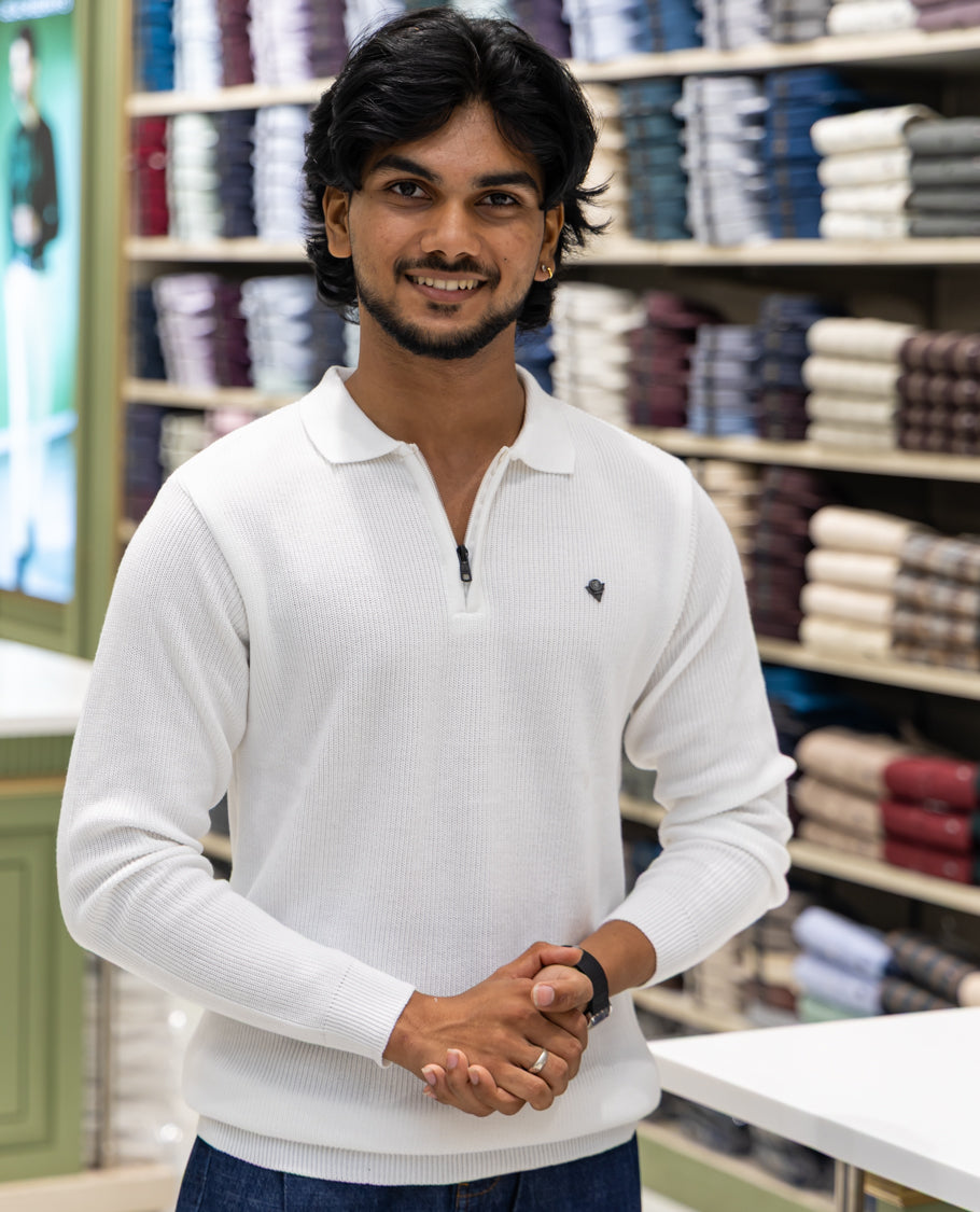 White Striped Cotton-Blended T-Shirt Comes with a Polo Neck, Full Sleeves, a Slim Fit, and Regular Length