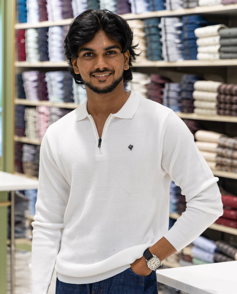 White Striped Cotton-Blended T-Shirt Comes with a Polo Neck, Full Sleeves, a Slim Fit, and Regular Length