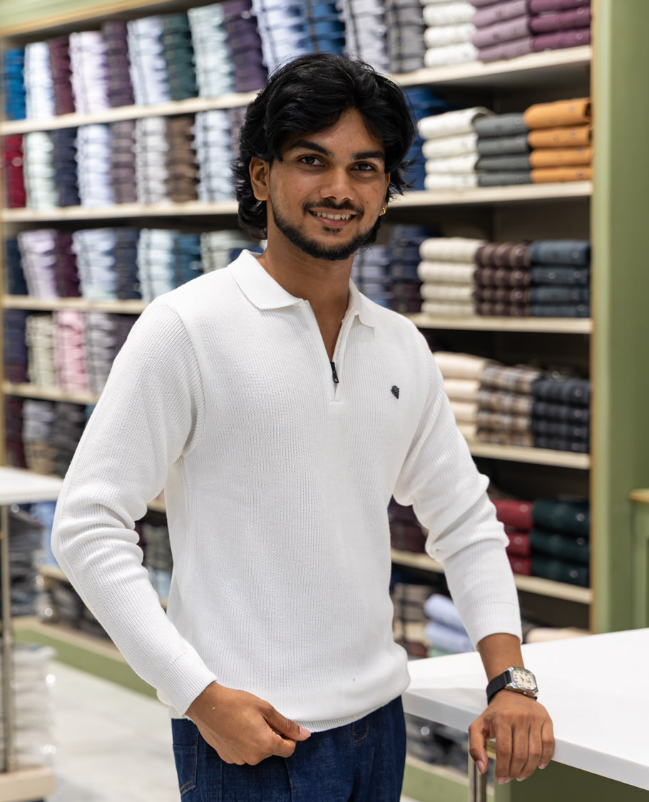 White Striped Cotton-Blended T-Shirt Comes with a Polo Neck, Full Sleeves, a Slim Fit, and Regular Length