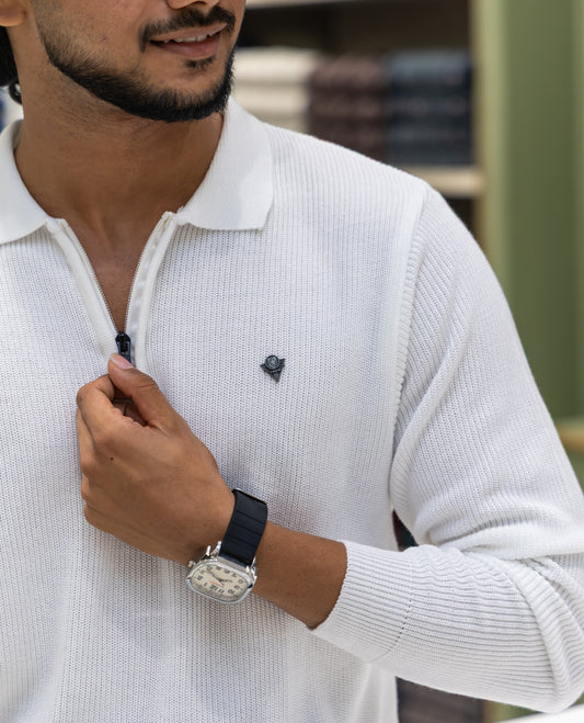 White Striped Cotton-Blended T-Shirt Comes with a Polo Neck, Full Sleeves, a Slim Fit, and Regular Length