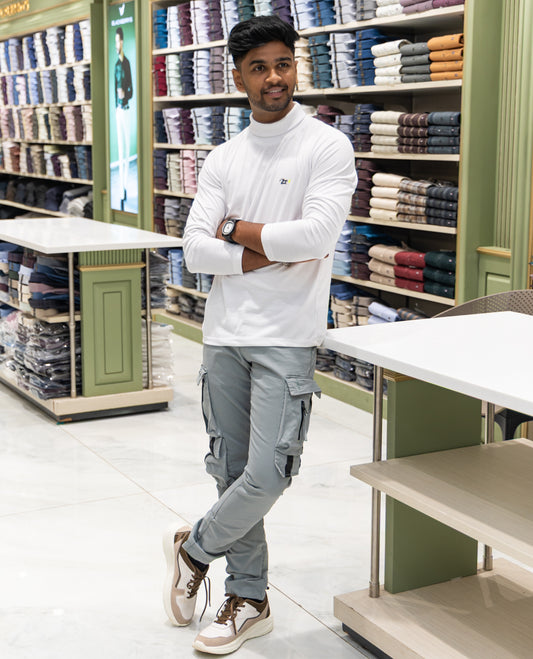 White Plain Cotton-Blended Turtleneck T-Shirt Comes with Full Sleeves, a Slim Fit, and Regular Length