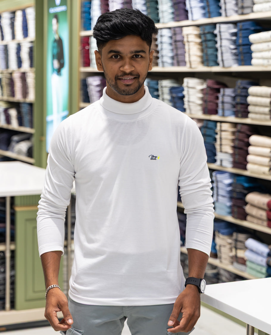 White Plain Cotton-Blended Turtleneck T-Shirt Comes with Full Sleeves, a Slim Fit, and Regular Length