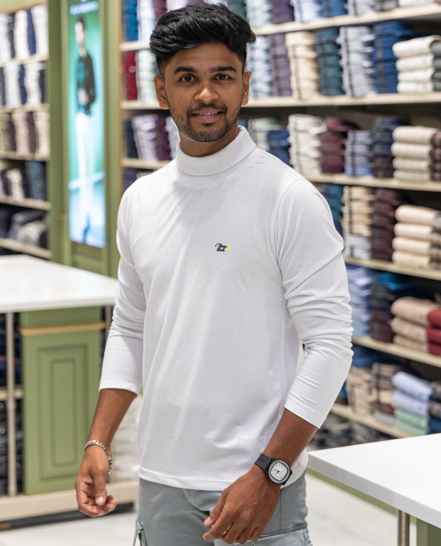 White Plain Cotton-Blended Turtleneck T-Shirt Comes with Full Sleeves, a Slim Fit, and Regular Length