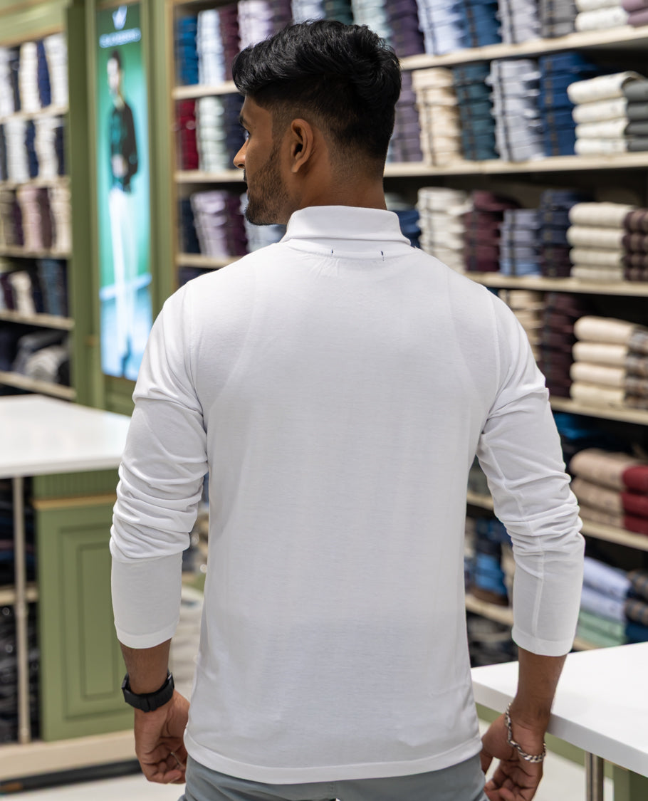 White Plain Cotton-Blended Turtleneck T-Shirt Comes with Full Sleeves, a Slim Fit, and Regular Length