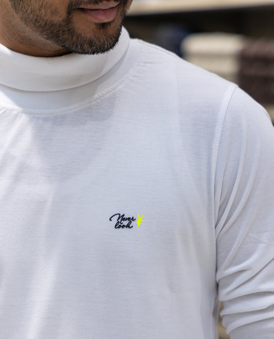 White Plain Cotton-Blended Turtleneck T-Shirt Comes with Full Sleeves, a Slim Fit, and Regular Length