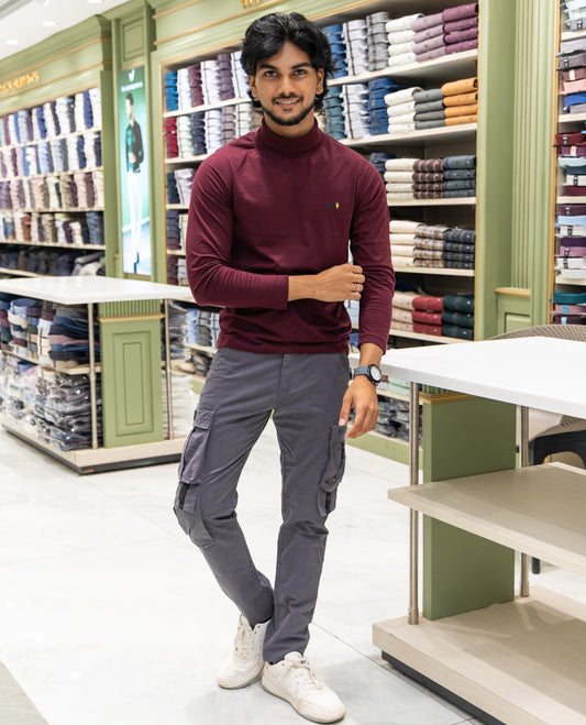Maroon Plain Cotton-Blended Turtleneck T-Shirt Comes with Full Sleeves, a Slim Fit, and Regular Length