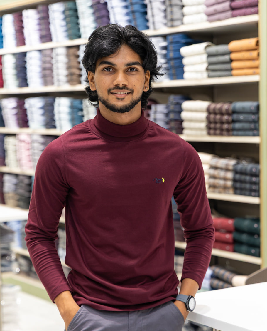Maroon Plain Cotton-Blended Turtleneck T-Shirt Comes with Full Sleeves, a Slim Fit, and Regular Length