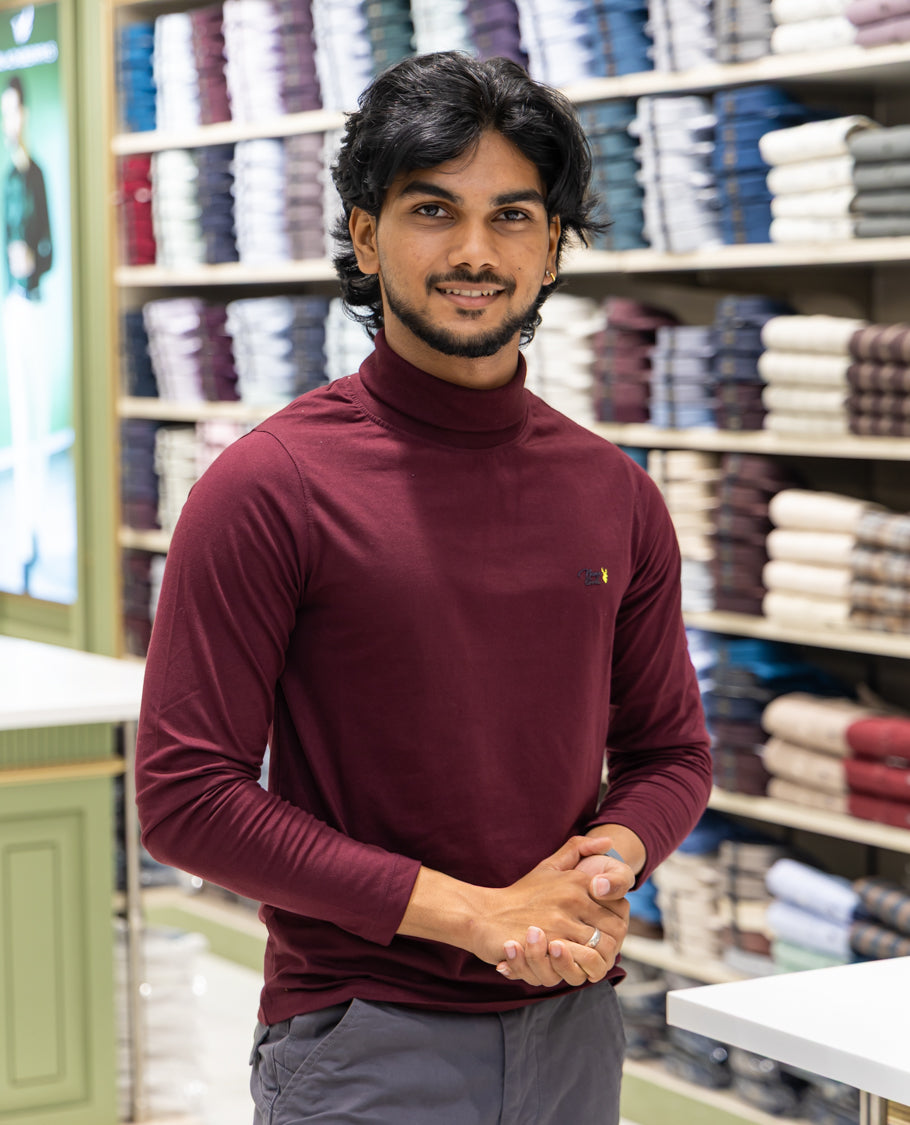 Maroon Plain Cotton-Blended Turtleneck T-Shirt Comes with Full Sleeves, a Slim Fit, and Regular Length