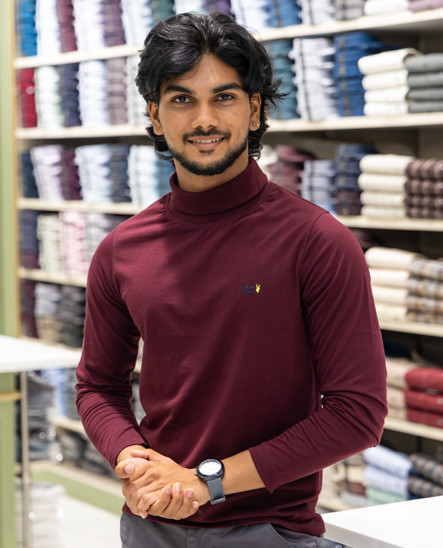 Maroon Plain Cotton-Blended Turtleneck T-Shirt Comes with Full Sleeves, a Slim Fit, and Regular Length
