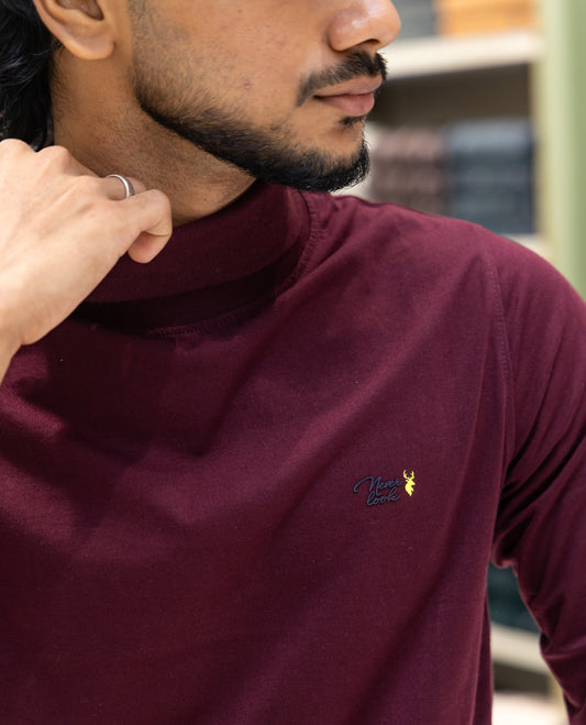 Maroon Plain Cotton-Blended Turtleneck T-Shirt Comes with Full Sleeves, a Slim Fit, and Regular Length