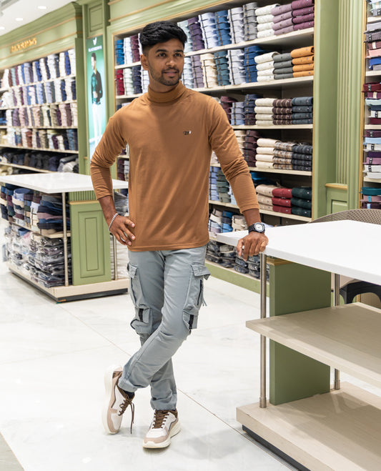 Orange Plain Cotton-Blended Turtleneck T-Shirt Comes with Full Sleeves, a Slim Fit, and Regular Length