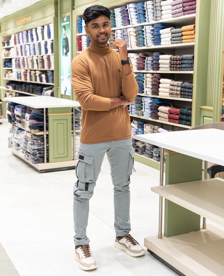 Orange Plain Cotton-Blended Turtleneck T-Shirt Comes with Full Sleeves, a Slim Fit, and Regular Length