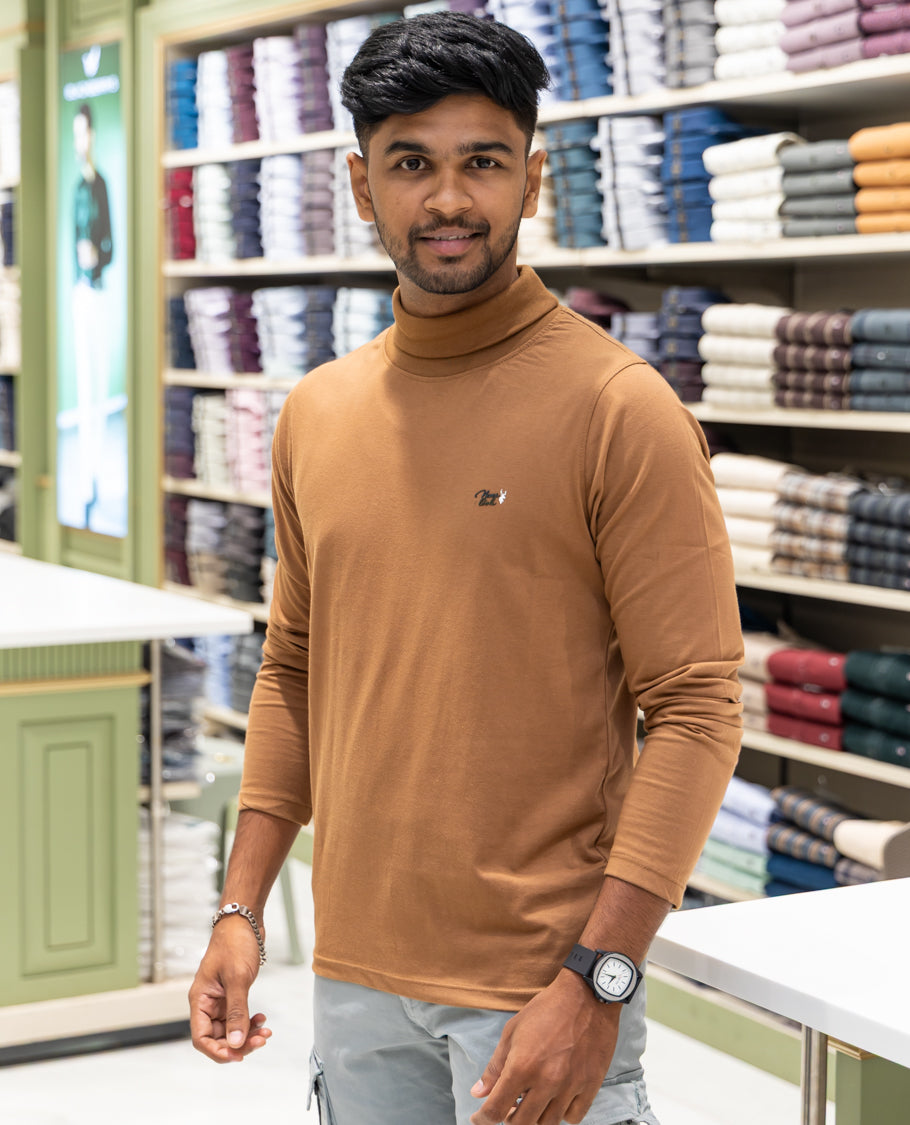 Orange Plain Cotton-Blended Turtleneck T-Shirt Comes with Full Sleeves, a Slim Fit, and Regular Length