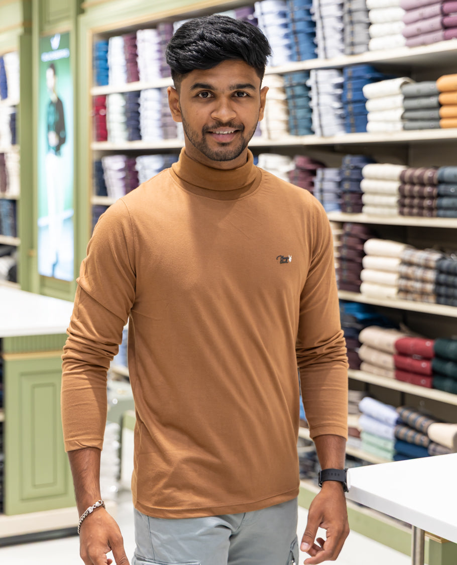 Orange Plain Cotton-Blended Turtleneck T-Shirt Comes with Full Sleeves, a Slim Fit, and Regular Length