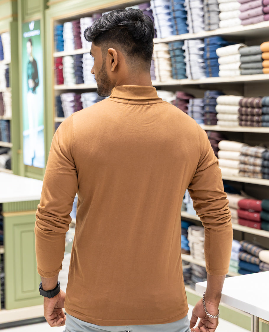 Orange Plain Cotton-Blended Turtleneck T-Shirt Comes with Full Sleeves, a Slim Fit, and Regular Length