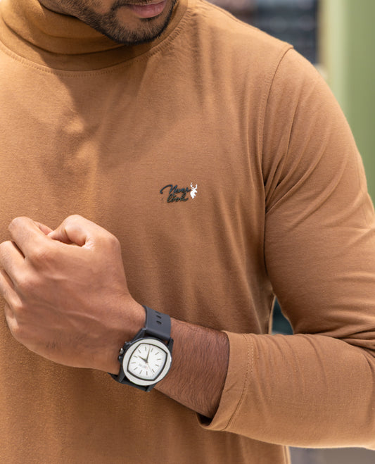 Orange Plain Cotton-Blended Turtleneck T-Shirt Comes with Full Sleeves, a Slim Fit, and Regular Length