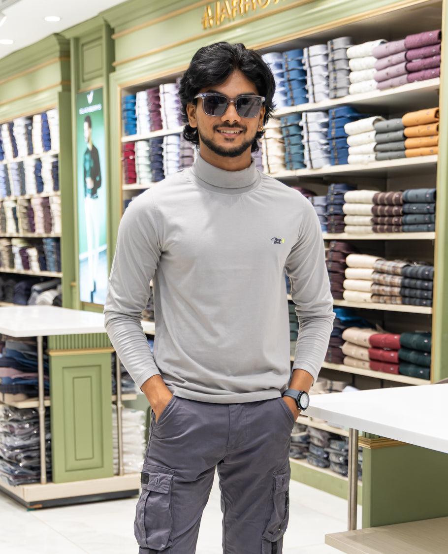 Grey Plain Cotton-Blended Turtleneck T-Shirt Comes with Full Sleeves, a Slim Fit, and Regular Length