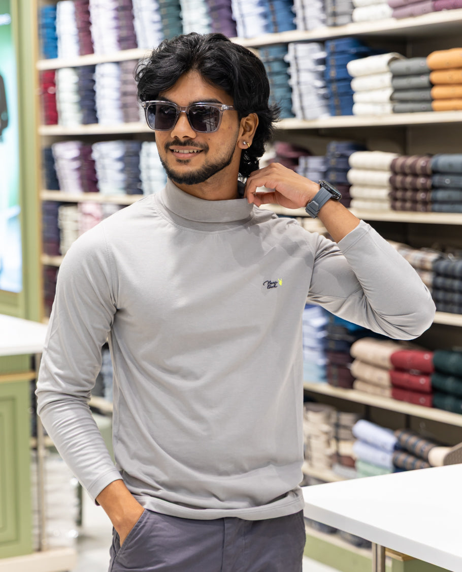 Grey Plain Cotton-Blended Turtleneck T-Shirt Comes with Full Sleeves, a Slim Fit, and Regular Length