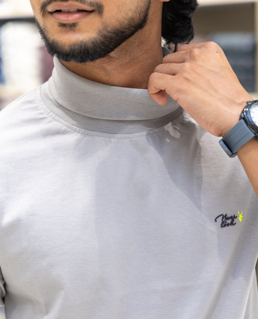 Grey Plain Cotton-Blended Turtleneck T-Shirt Comes with Full Sleeves, a Slim Fit, and Regular Length