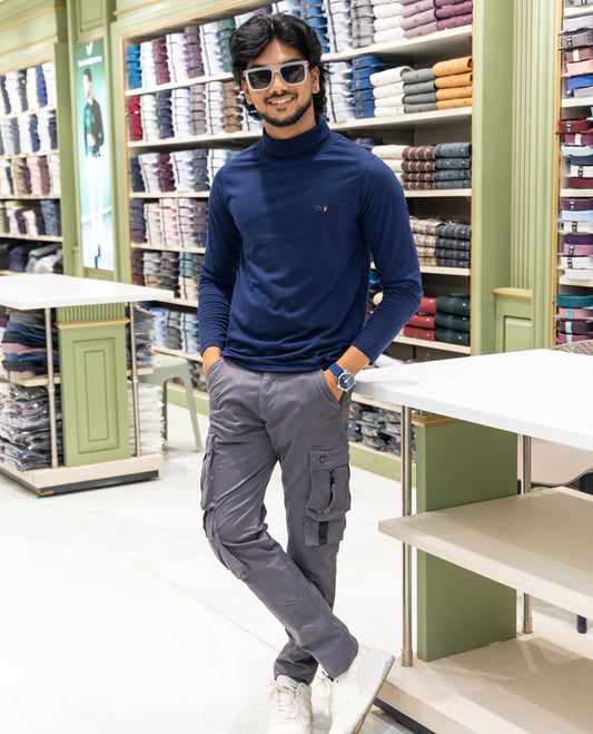 Navy Plain Cotton-Blended Turtleneck T-Shirt Comes with Full Sleeves, a Slim Fit, and Regular Length