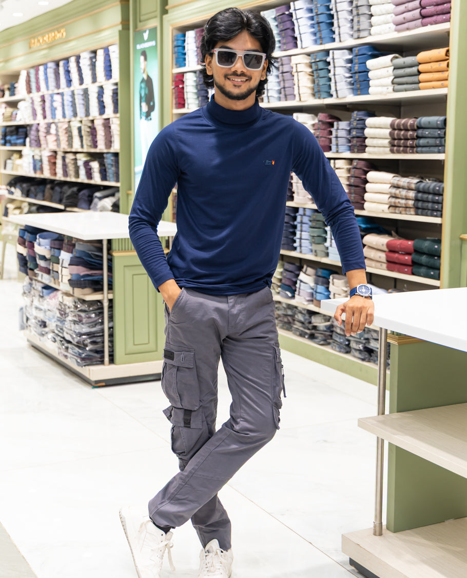 Navy Plain Cotton-Blended Turtleneck T-Shirt Comes with Full Sleeves, a Slim Fit, and Regular Length