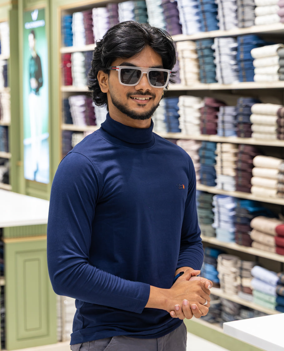 Navy Plain Cotton-Blended Turtleneck T-Shirt Comes with Full Sleeves, a Slim Fit, and Regular Length