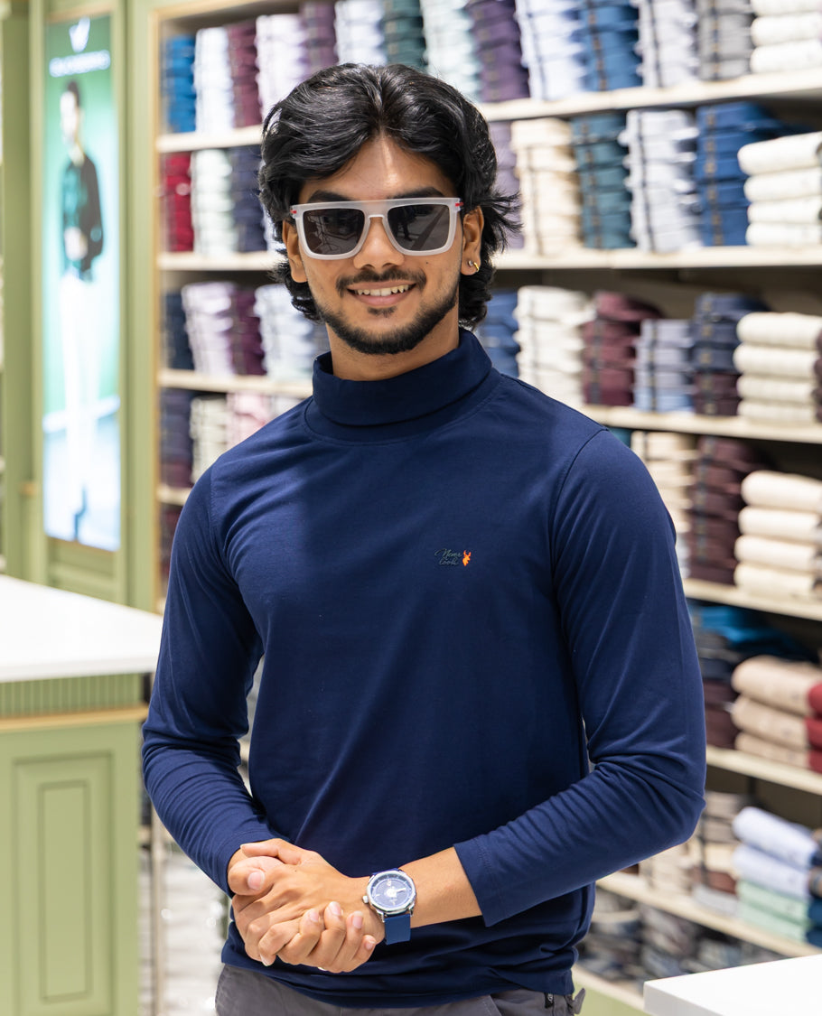 Navy Plain Cotton-Blended Turtleneck T-Shirt Comes with Full Sleeves, a Slim Fit, and Regular Length
