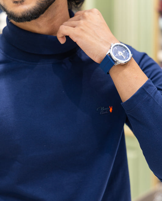 Navy Plain Cotton-Blended Turtleneck T-Shirt Comes with Full Sleeves, a Slim Fit, and Regular Length