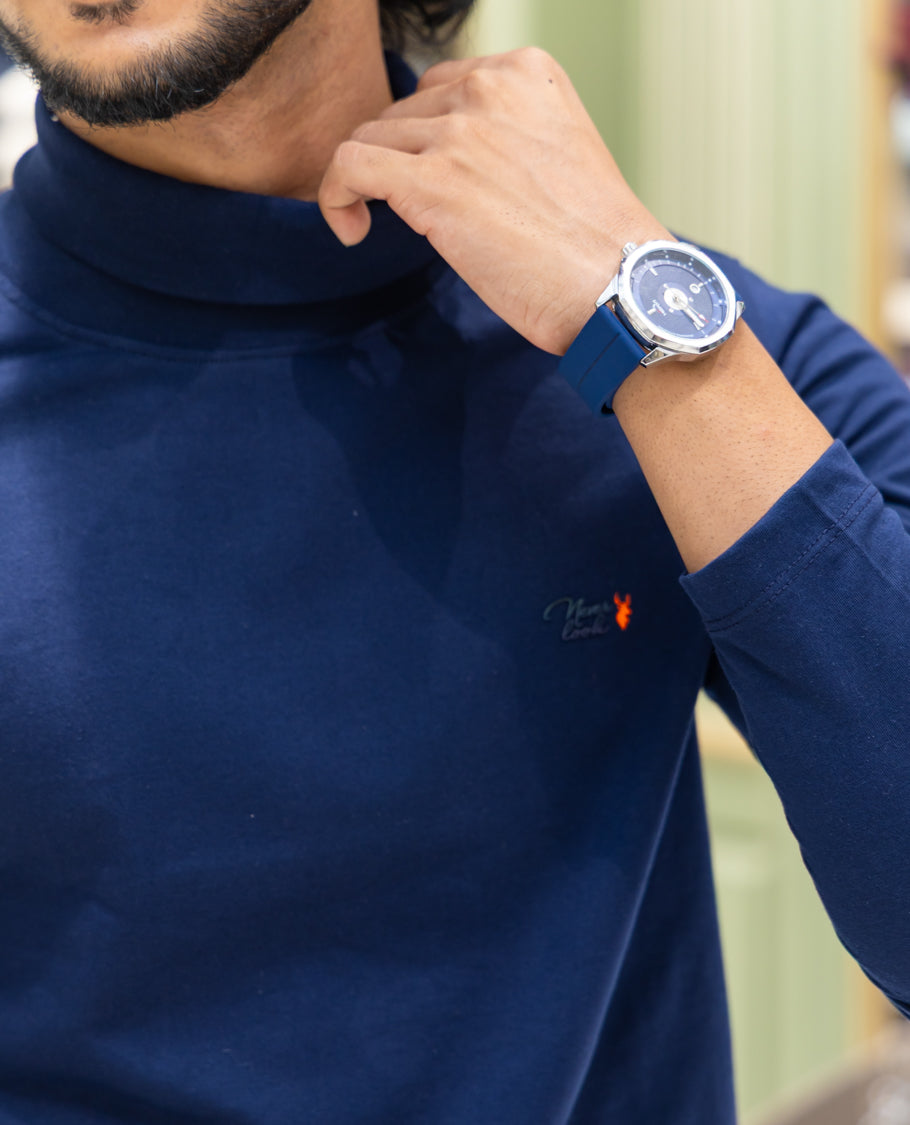 Navy Plain Cotton-Blended Turtleneck T-Shirt Comes with Full Sleeves, a Slim Fit, and Regular Length