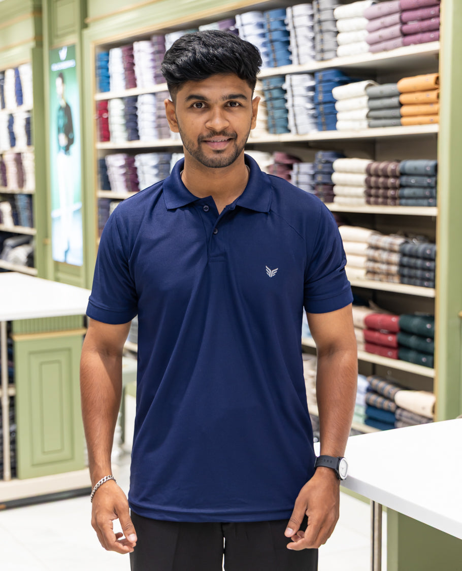 Navy Plain Cotton-Blended Polo T-Shirt Comes with Half Sleeves, a Slim Fit, Cuban Collar, and Regular Length