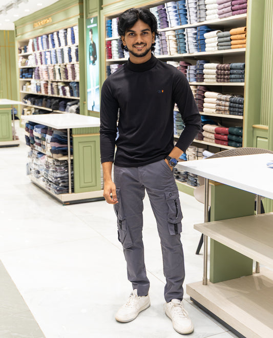 Black Plain Cotton-Blended Turtleneck T-Shirt Comes with Full Sleeves, a Slim Fit, and Regular Length