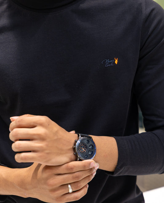 Black Plain Cotton-Blended Turtleneck T-Shirt Comes with Full Sleeves, a Slim Fit, and Regular Length