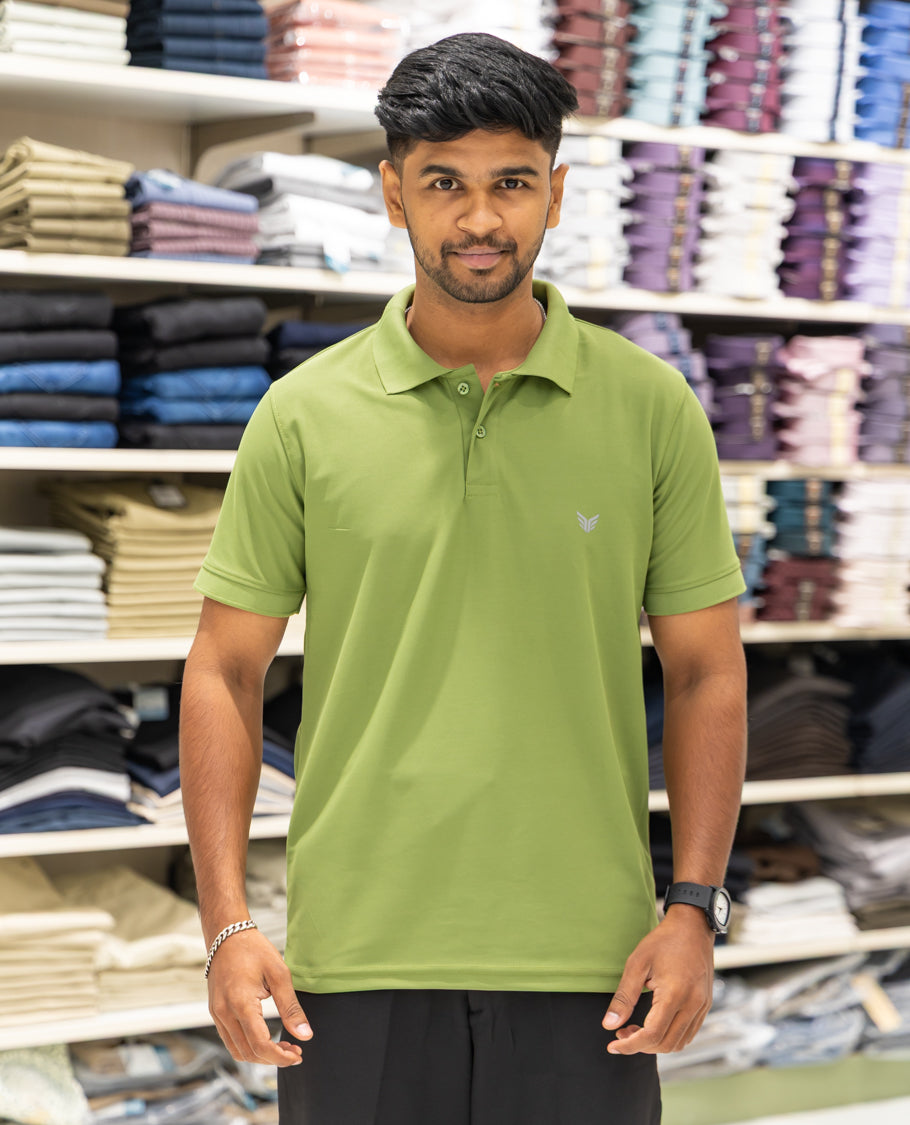 Green Plain Cotton-Blended Polo T-Shirt Comes with Half Sleeves, a Slim Fit, Cuban Collar, and Regular Length