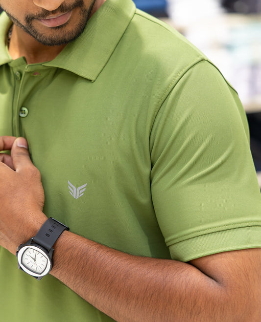 Green Plain Cotton-Blended Polo T-Shirt Comes with Half Sleeves, a Slim Fit, Cuban Collar, and Regular Length