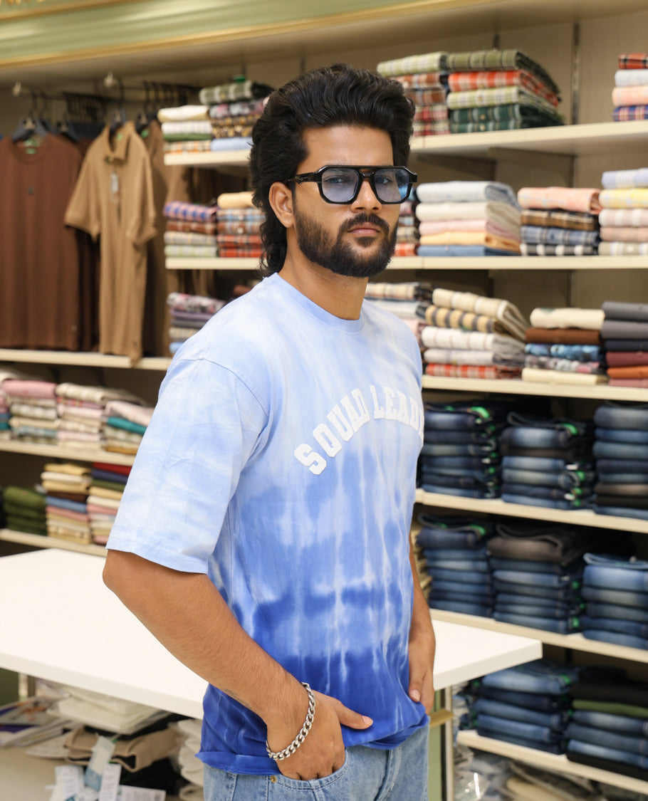 Light Blue Cotton-Blended T-shirt Features Tie-Dye Ombre Print, Half Sleeves, Round Neck, Slim Fit and Regular Length