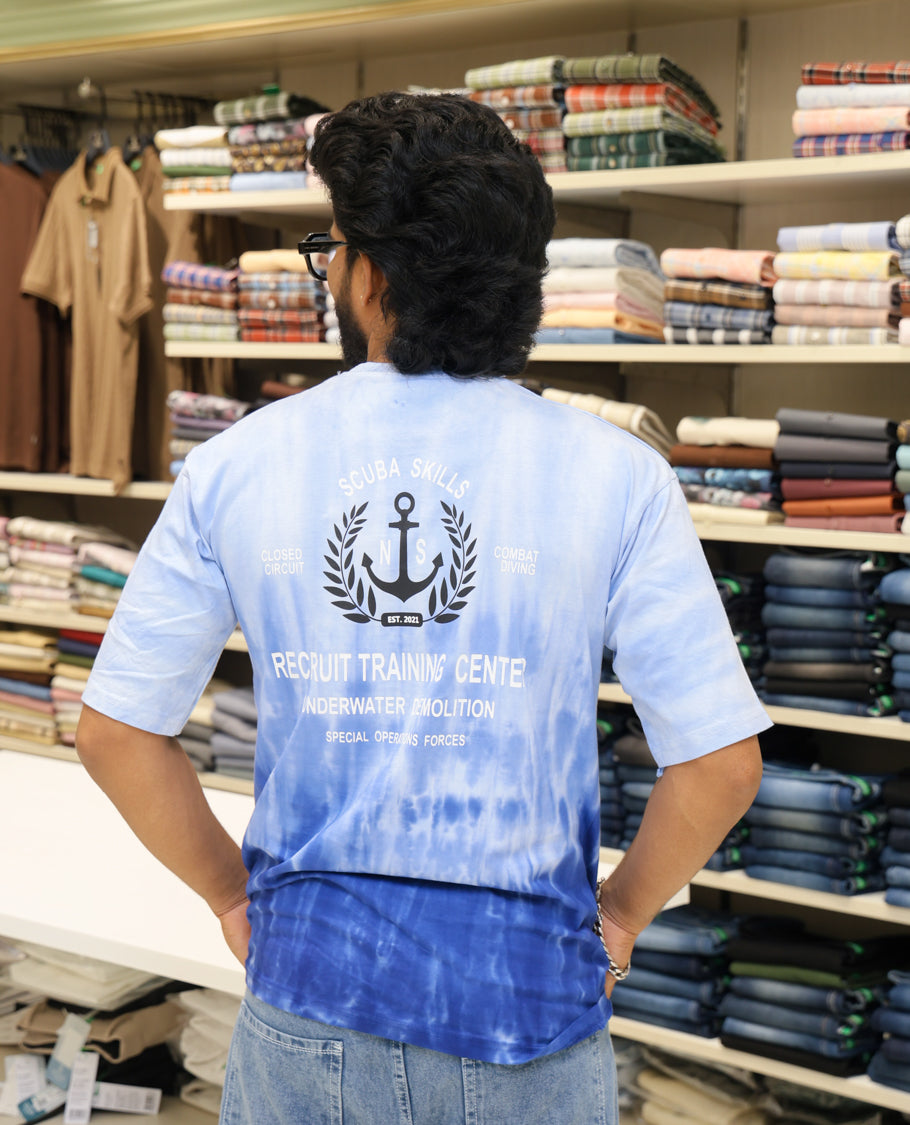Light Blue Cotton-Blended T-shirt Features Tie-Dye Ombre Print, Half Sleeves, Round Neck, Slim Fit and Regular Length