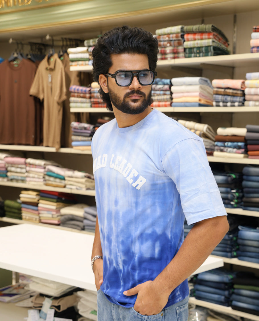 Light Blue Cotton-Blended T-shirt Features Tie-Dye Ombre Print, Half Sleeves, Round Neck, Slim Fit and Regular Length