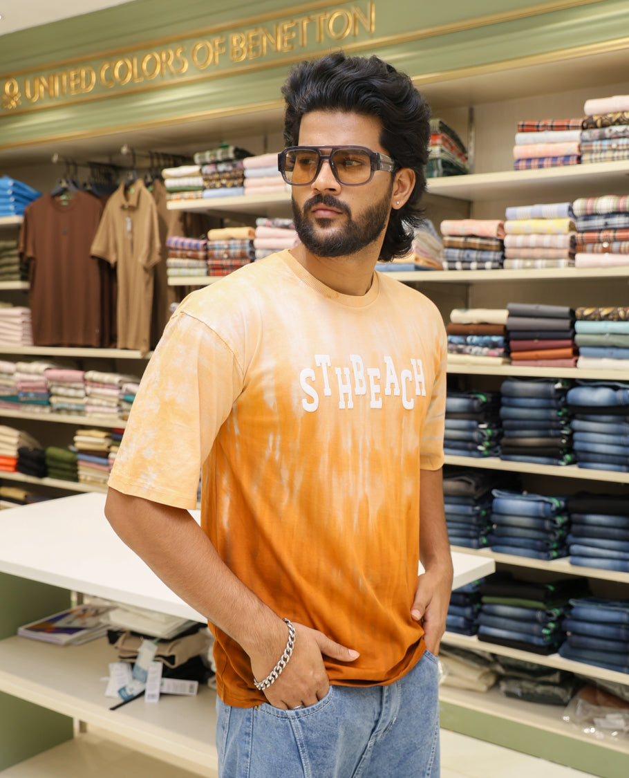 Orange Cotton-Blended T-shirt Features Tie-Dye Ombre Print, Half Sleeves, Round Neck, Slim Fit and Regular Length
