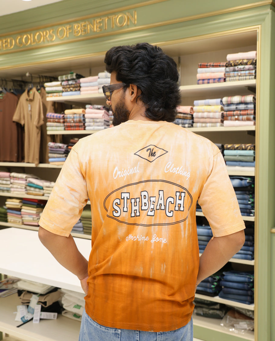 Orange Cotton-Blended T-shirt Features Tie-Dye Ombre Print, Half Sleeves, Round Neck, Slim Fit and Regular Length