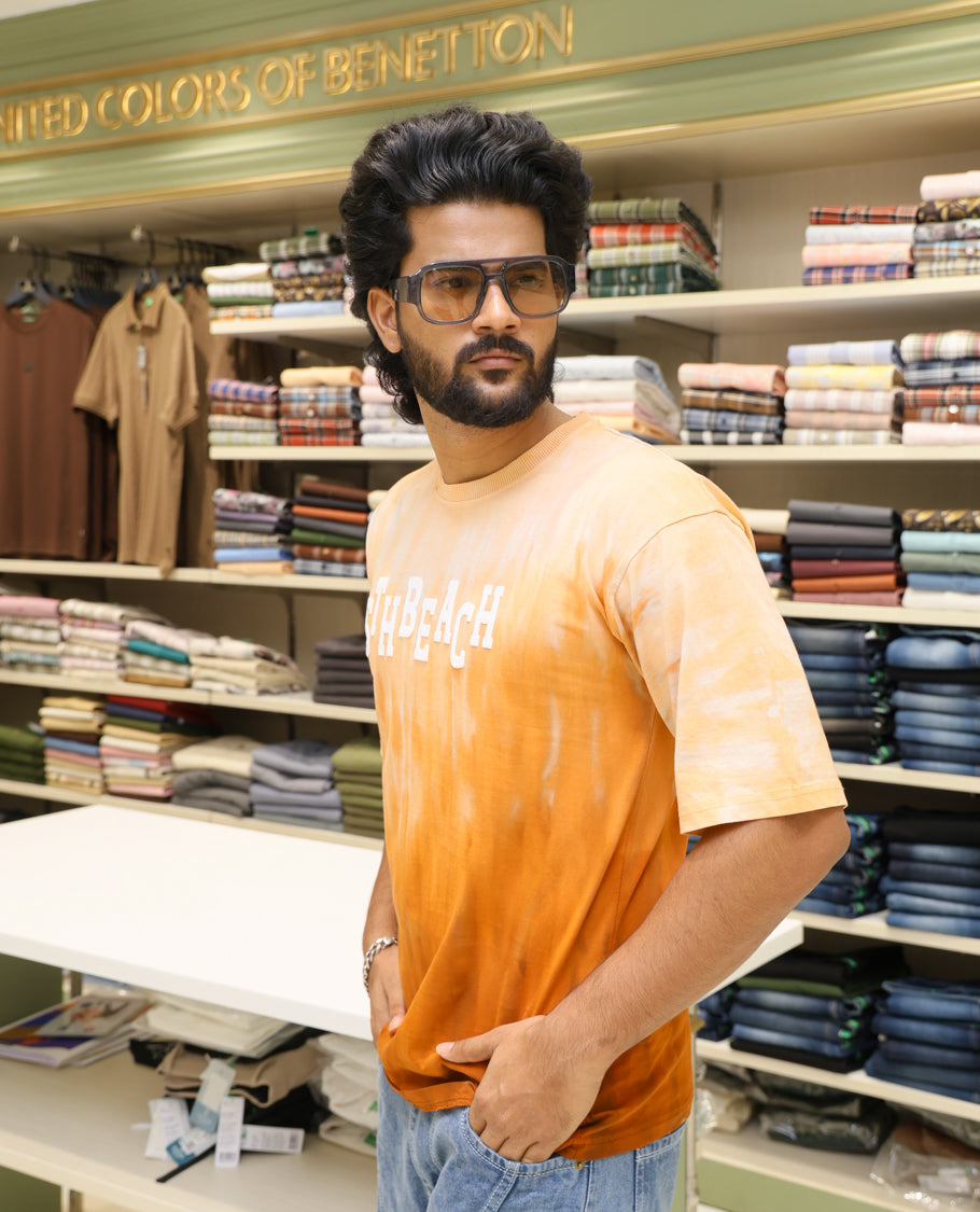 Orange Cotton-Blended T-shirt Features Tie-Dye Ombre Print, Half Sleeves, Round Neck, Slim Fit and Regular Length